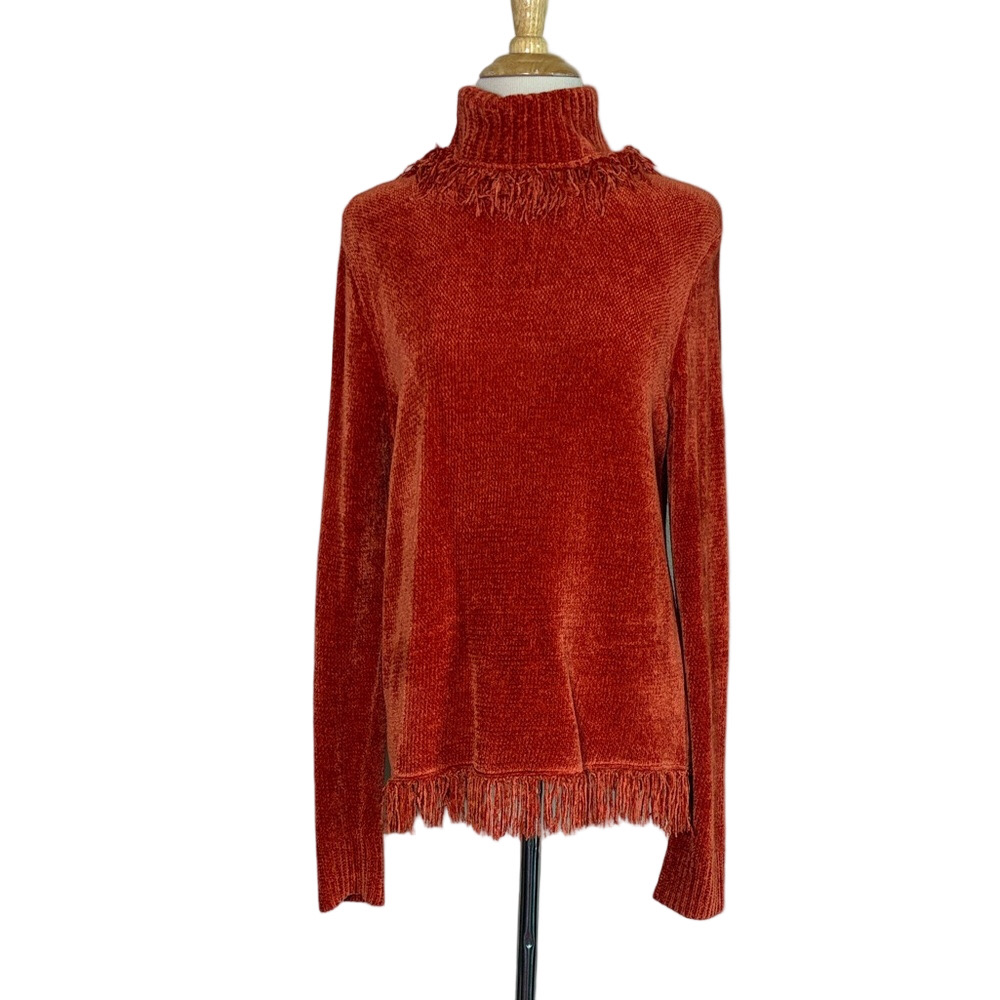 RAFAELLA Medium Dark‎ Orange Fringed Turtleneck Pullover Sweater Western Cowgirl